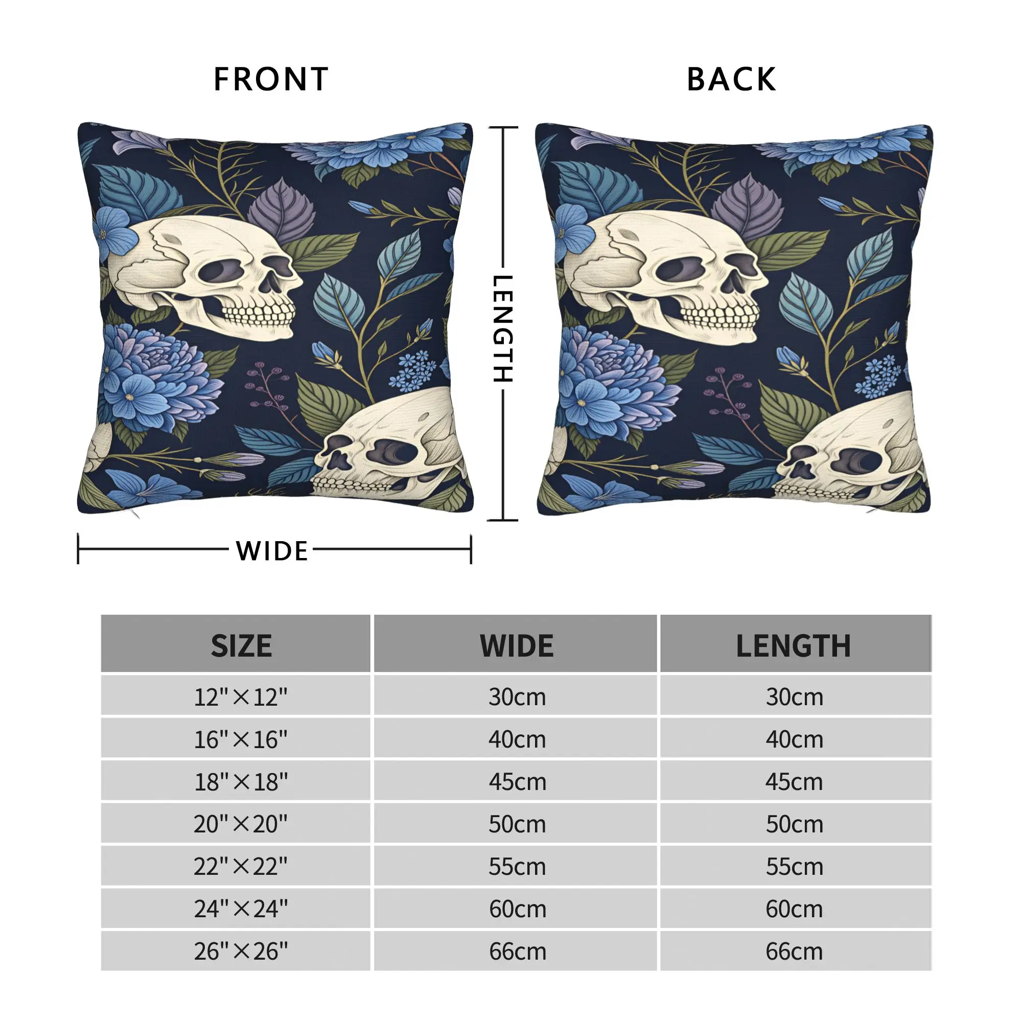 Skull Blue Hydrangea Floral Seamless Pattern Pillow Cover  Soft Cushion Cover Kawaii Pillow Case For Sofa Couch Bed Living Room