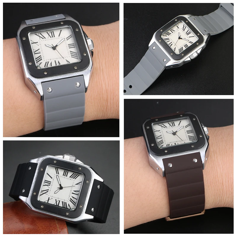 까르띠에 산토스 산도스 100 고무 시계 스트랩, 실리콘 시계 스트랩, 남녀공용 블랙, 23mm