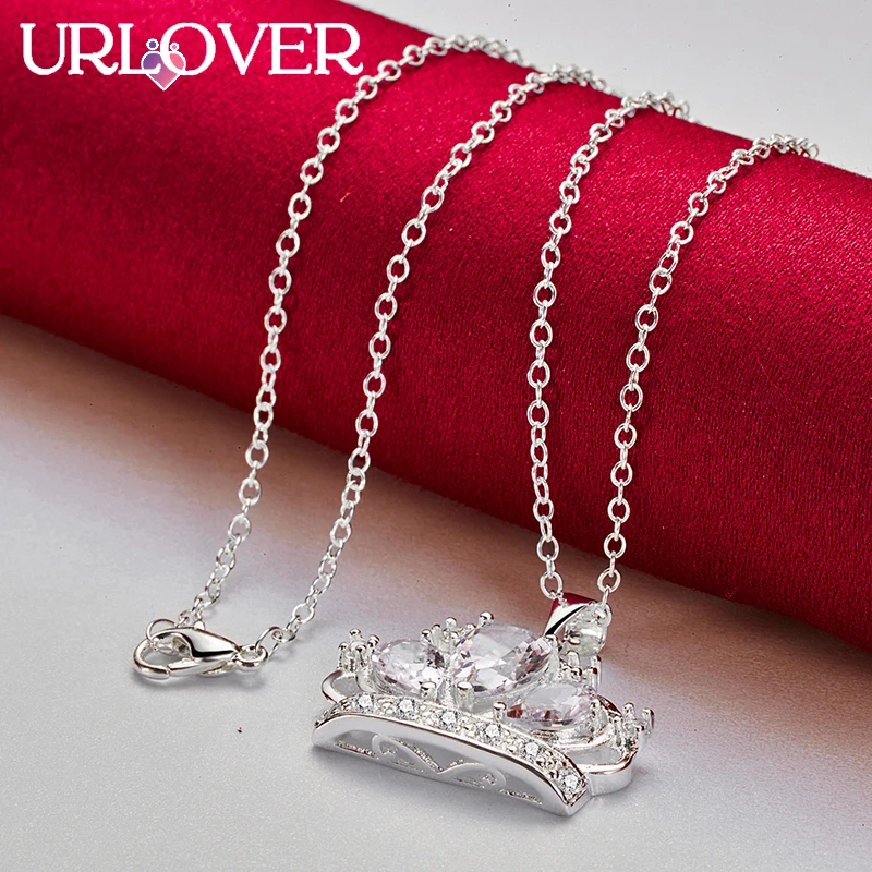 URLOVER 925 Sterling Silver Necklace For Woman Crown Zircon Crystal Pendant Necklaces Fashion Party Wedding Birthday Jewelry