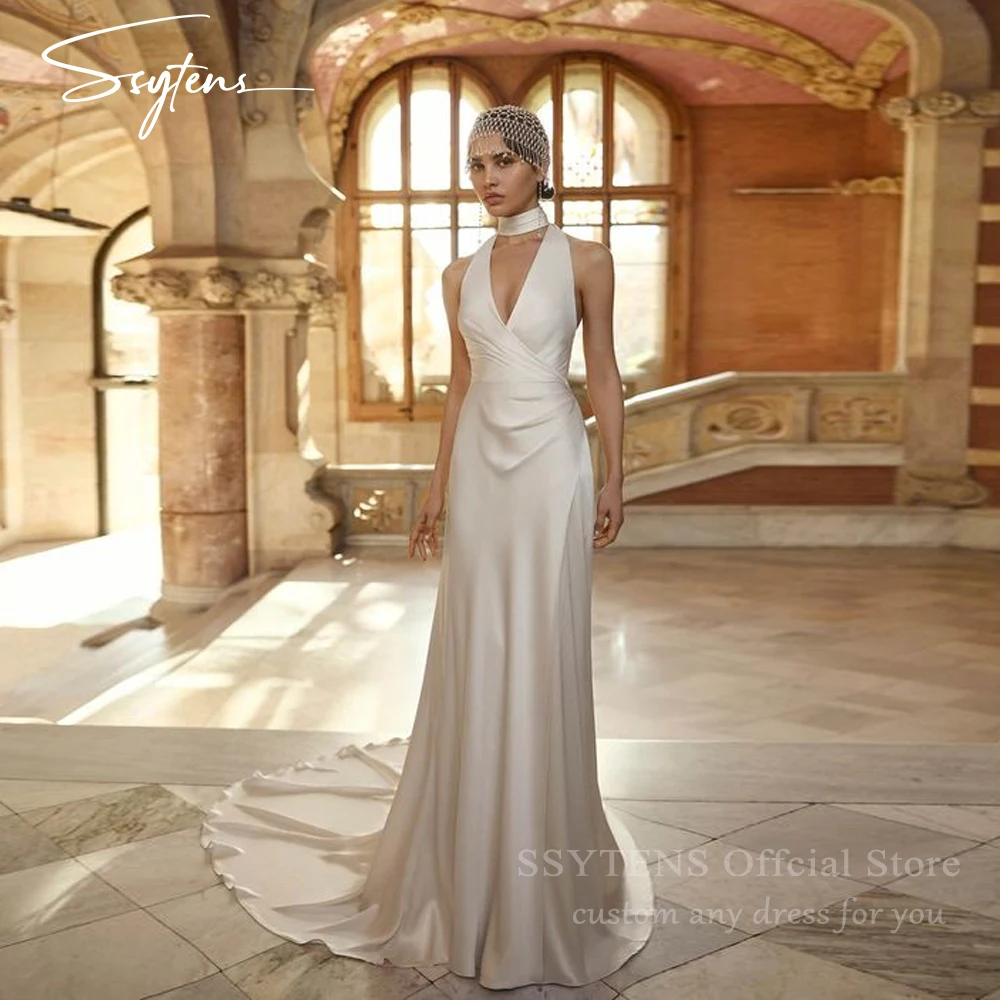 

SSYTENS Graceful Mermaid Wedding Dress Women Pleat Sleeveless Halter Open Back Elegant Sweep Train Bridal Gowns 2026 Customized