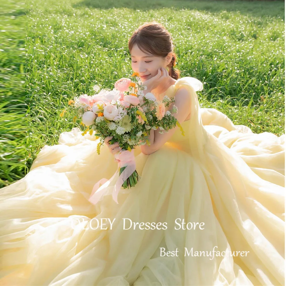 OLOEY Princess Yellow A Line Soft Tulle Wedding Dresses Korea Photoshoot Straps Corset Back Sweep Train Evening Party Gowns