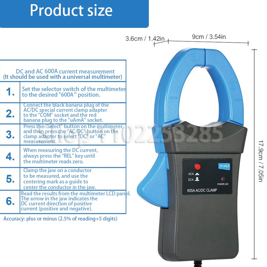 Clamp Meter BT-605A AC/DC 600A Clamp-on Current Probe Amp Adapter Perfect for Work with Digital Multimeters