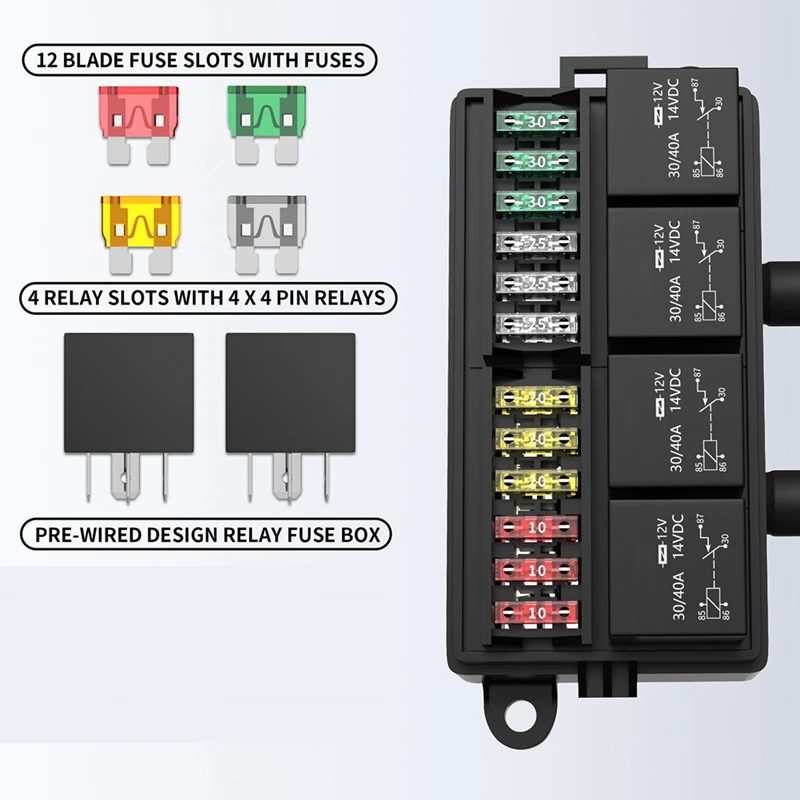 12V Fuse Relay Box Pre-Wired Fuse And Relay Box With 4 Relay 12 Way ATC/ATO Fuses Sealed 12V Relay Fuse Box For Car