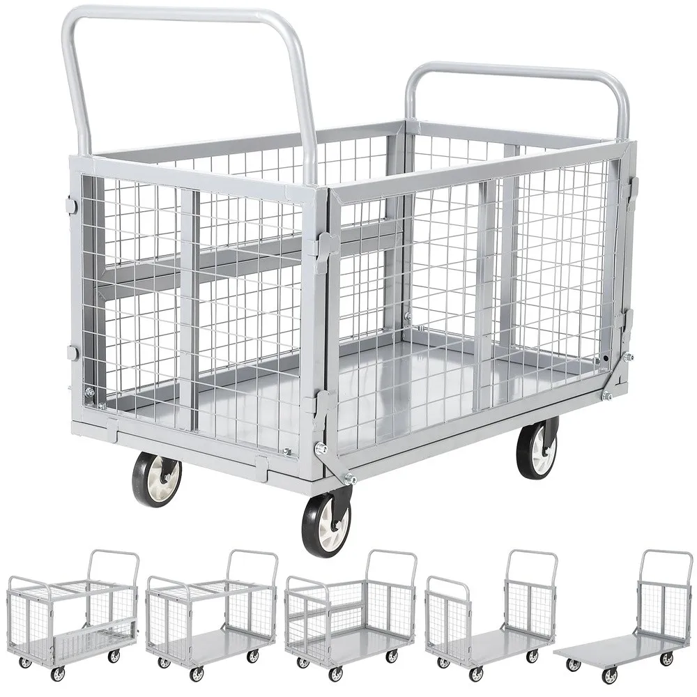 Heavy Duty Platform Truck Cart with Cage 2000 Lbs Capacity Folding 6 in 1 Convertible Utility Dolly with Locking Wheels