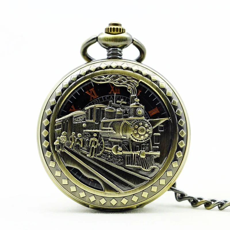 

Vintage Retro Bronze Hollow Train Locomotive Steampunk Quartz Pocket Watch Women Men Necklace Pendant with Chain Birthday Gift