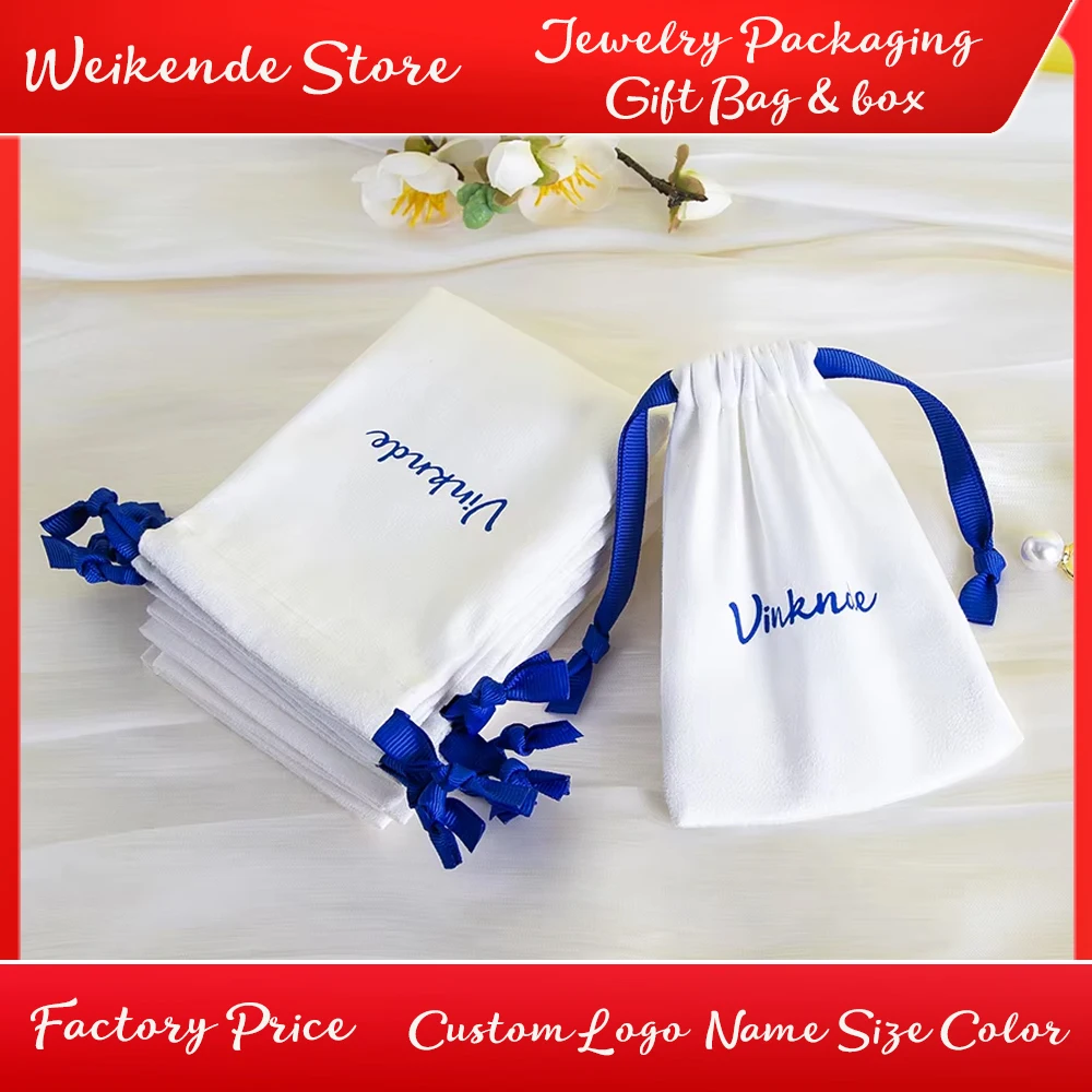

50Pcs Bulk Custom Logo Flannel Velvet Jewelry Bag Personalized Wedding Favors Earrings Organizer Drawstring Pouches with Ribbon
