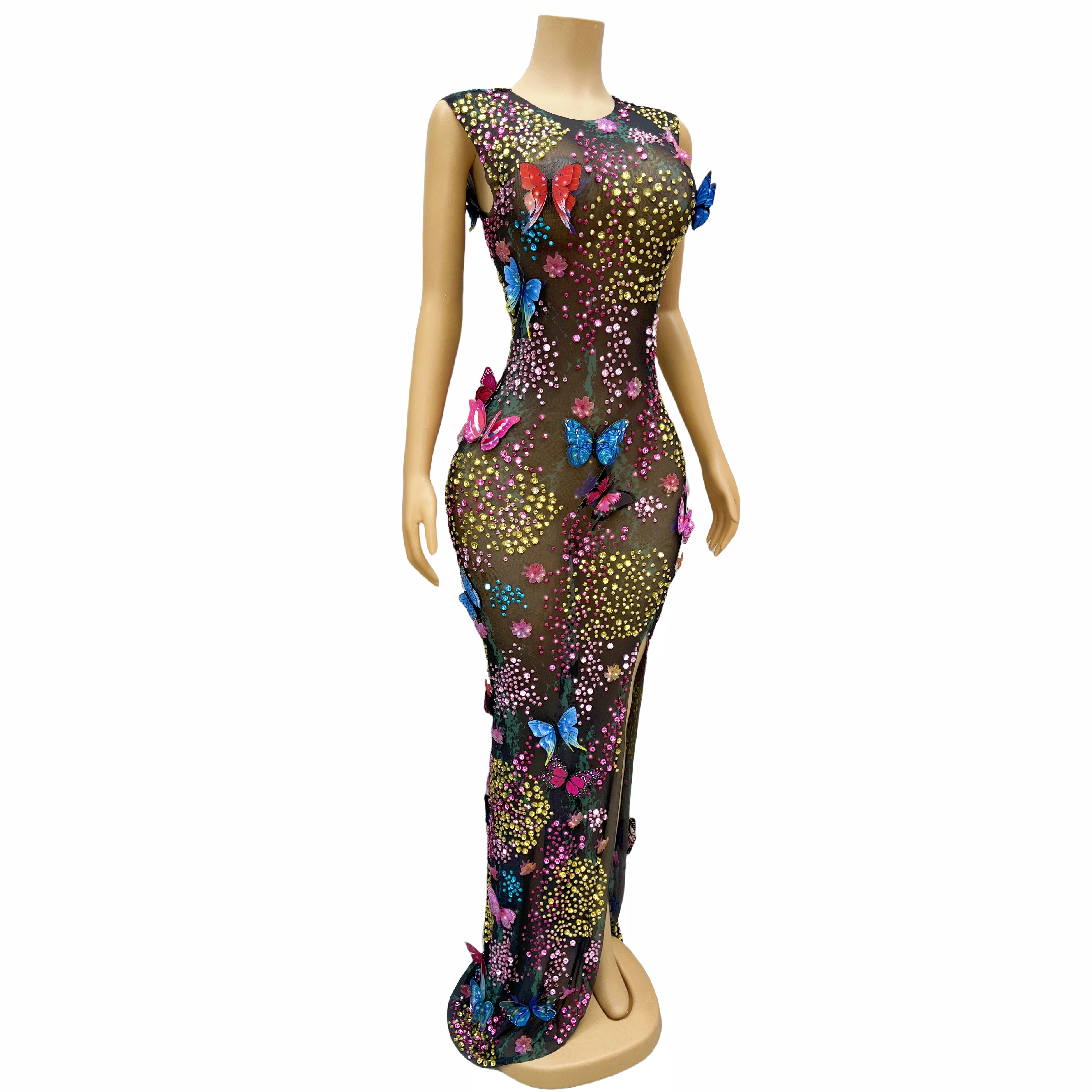 New Designed  Shining Colourful Rhinestones Butterflies Mesh Dress Women Birthday Evening Red carpet gown Strech Costume Zhuidie