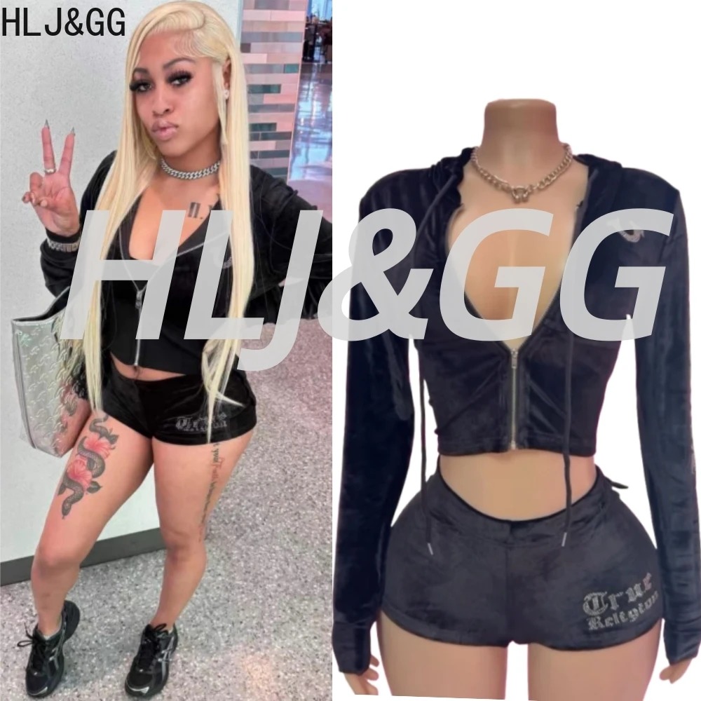

HLJ&GG Fashion Y2K Rhinestone Letter Two Piece Sets Women Zipper Long Sleeve Crop Top And Shorts Outfits Female 2pcs Streetwear