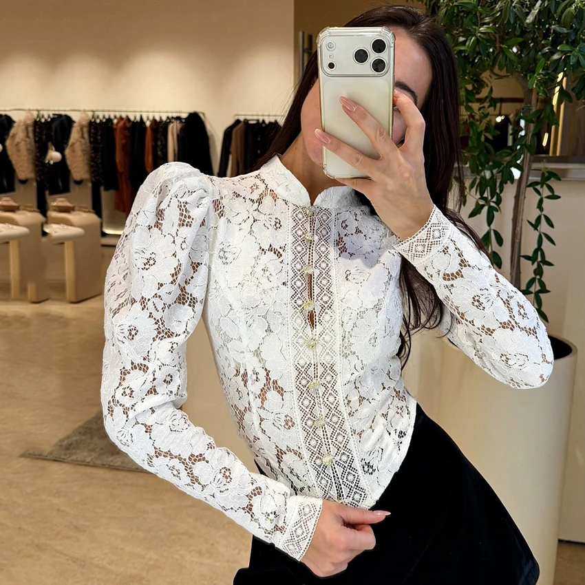 

Linad Elegant White Embroidery Puff Sleeve Shirts Female Sexy Lace Stand Collar Blouse Woman Street Chic Asymmetrical Tops 2026