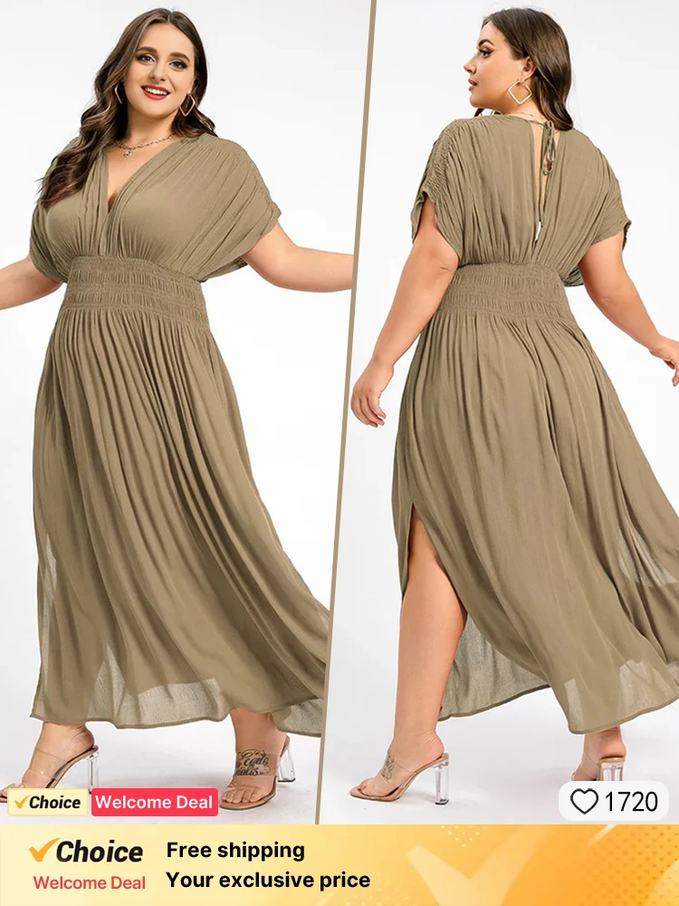 

Summer new fashionable women's dress champagne chiffon waist pleated women's dress plus size casual vacation dress for women