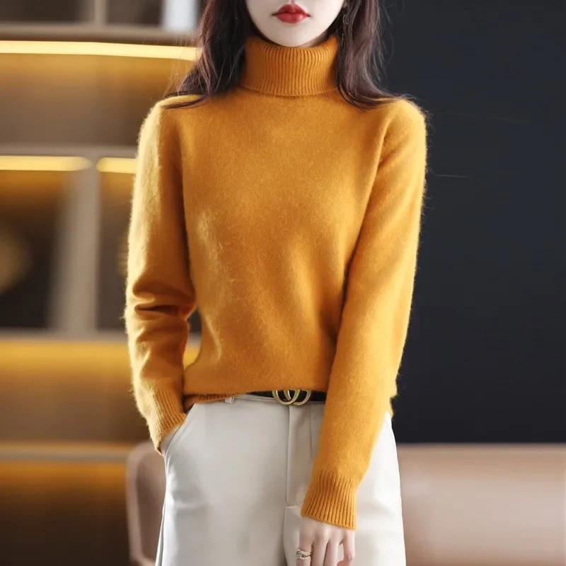 Autumn And Winter New 100% Mink Cashmere Sweater 2024 Women's High Neck Knitted Pullover Loose Korean Fashion Warm Women's Top