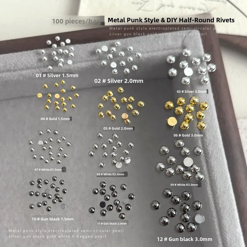 LYLE 100pcs Metal Half Round Rivet Nail Art Ornaments Flat Back Solid Hemisphere Beads Gold Silver Nail Charms Decorations