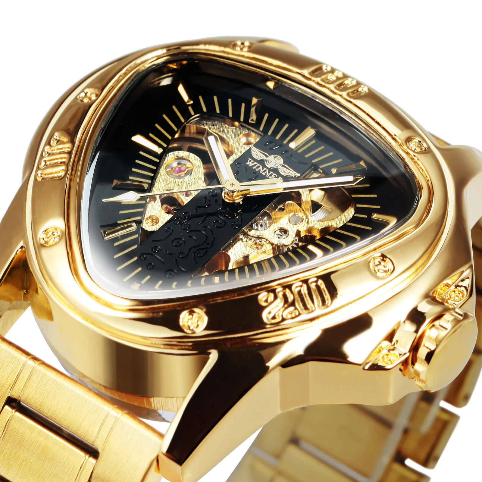 WINNER Military Triangle Skeleton Automatic Mechanical Watch for Men Luminous Hands Leather Steel Strap Gold Sports Mens Watches