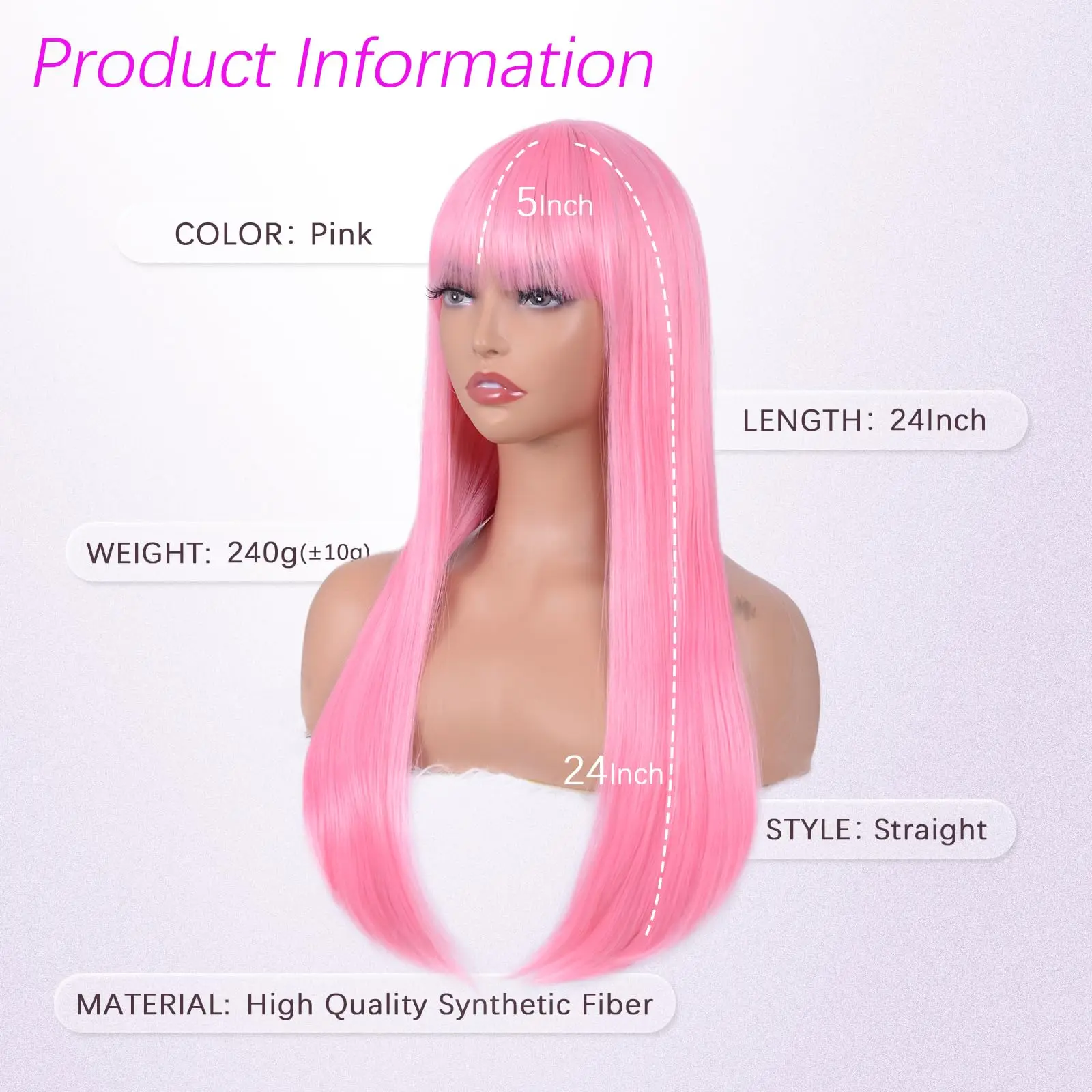 Perruque synthétique rose clair avec cheveux longs et raides, perruque de cosplay pour fête d'Halloween, ensemble de perruques accessoires pour cheveux quotidiens à haute température