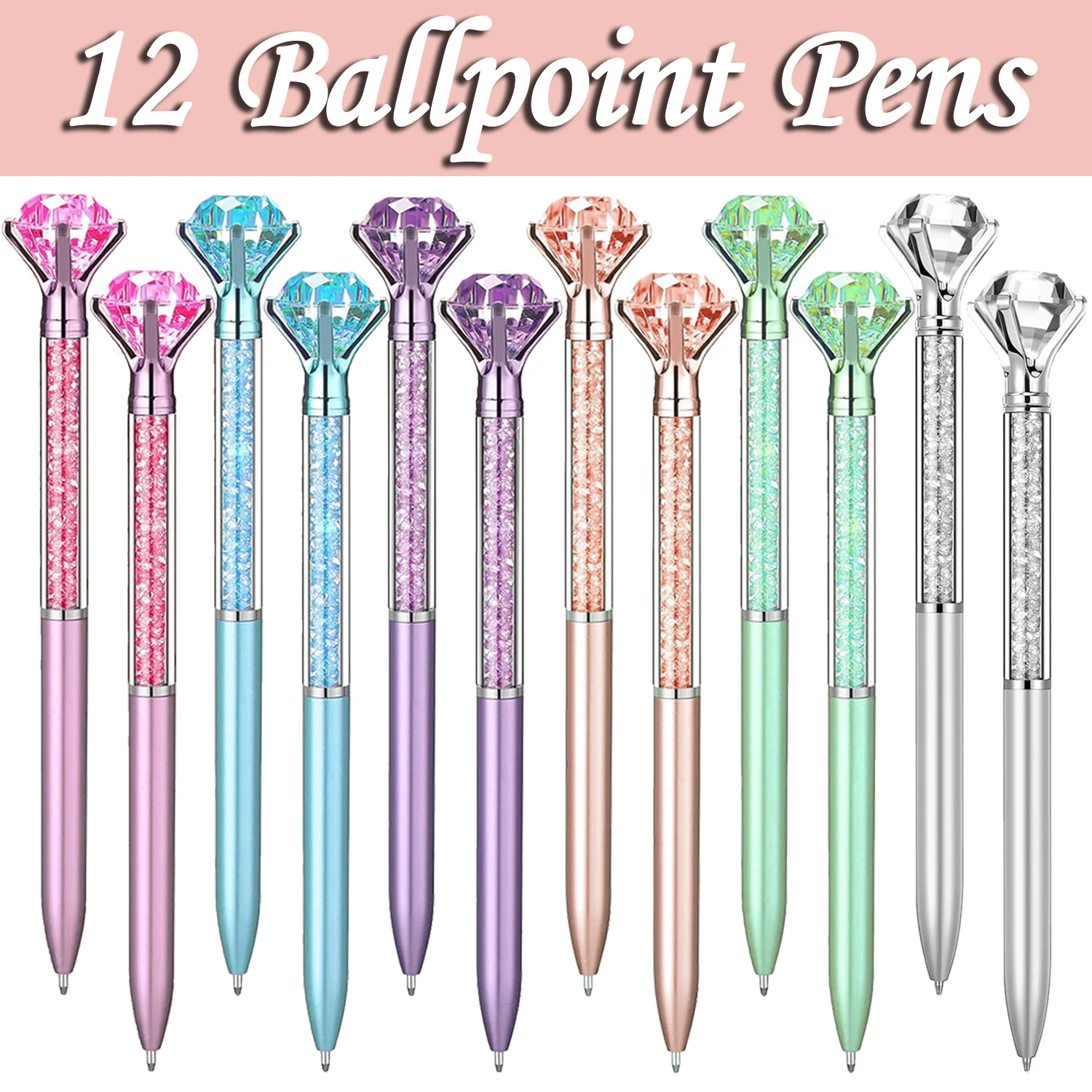 

12Pcs Crystal Diamond Pen Large Glitter Black Ink Ballpoint Shiny Rhinestones Ball Pen for School Office