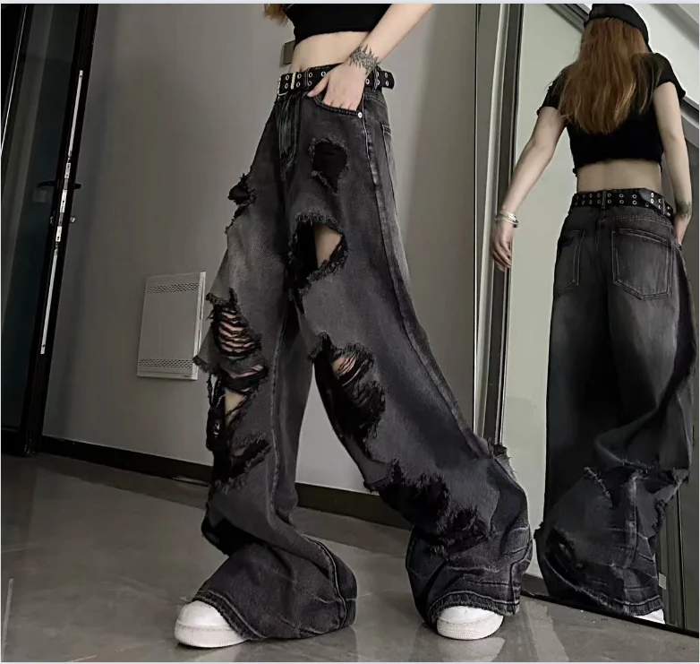 Vintage High Waist Denim Pants Ripped Jeans Women Fashion Loose Wide Leg Straight Pants Y2k Washed Streetwear Female