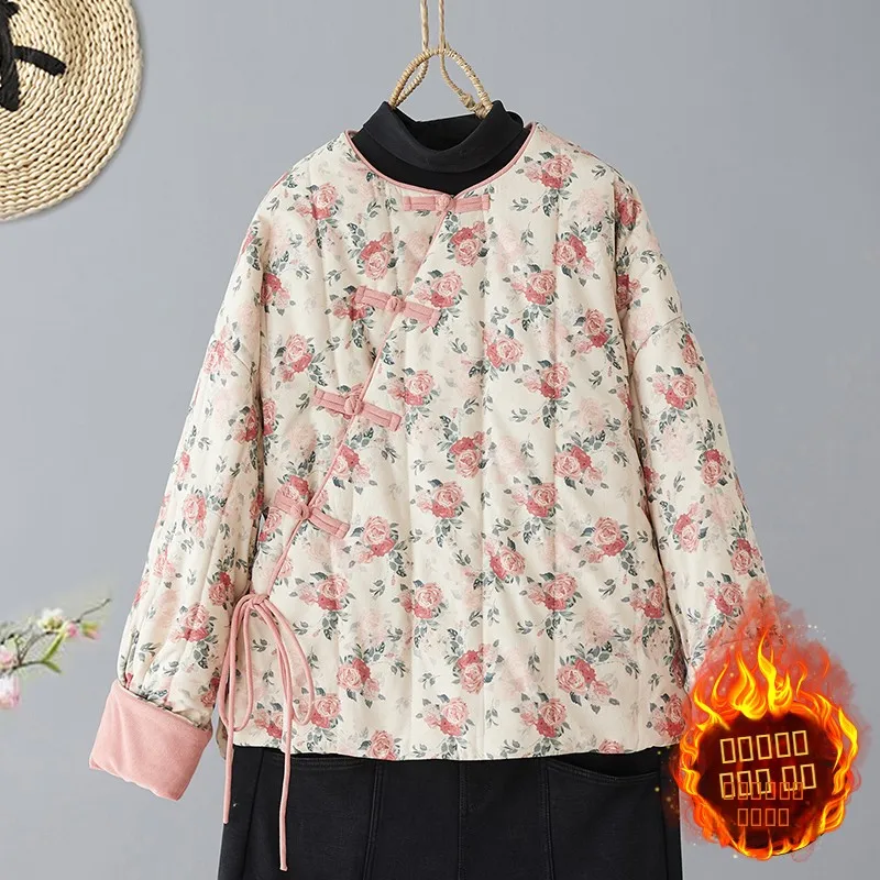 

Новое женское утепленное хлопковое пальто в китайском стиле с ретро-цветочным принтом, на пуговицах, с отложным воротником, повседневная зимняя верхняя одежда