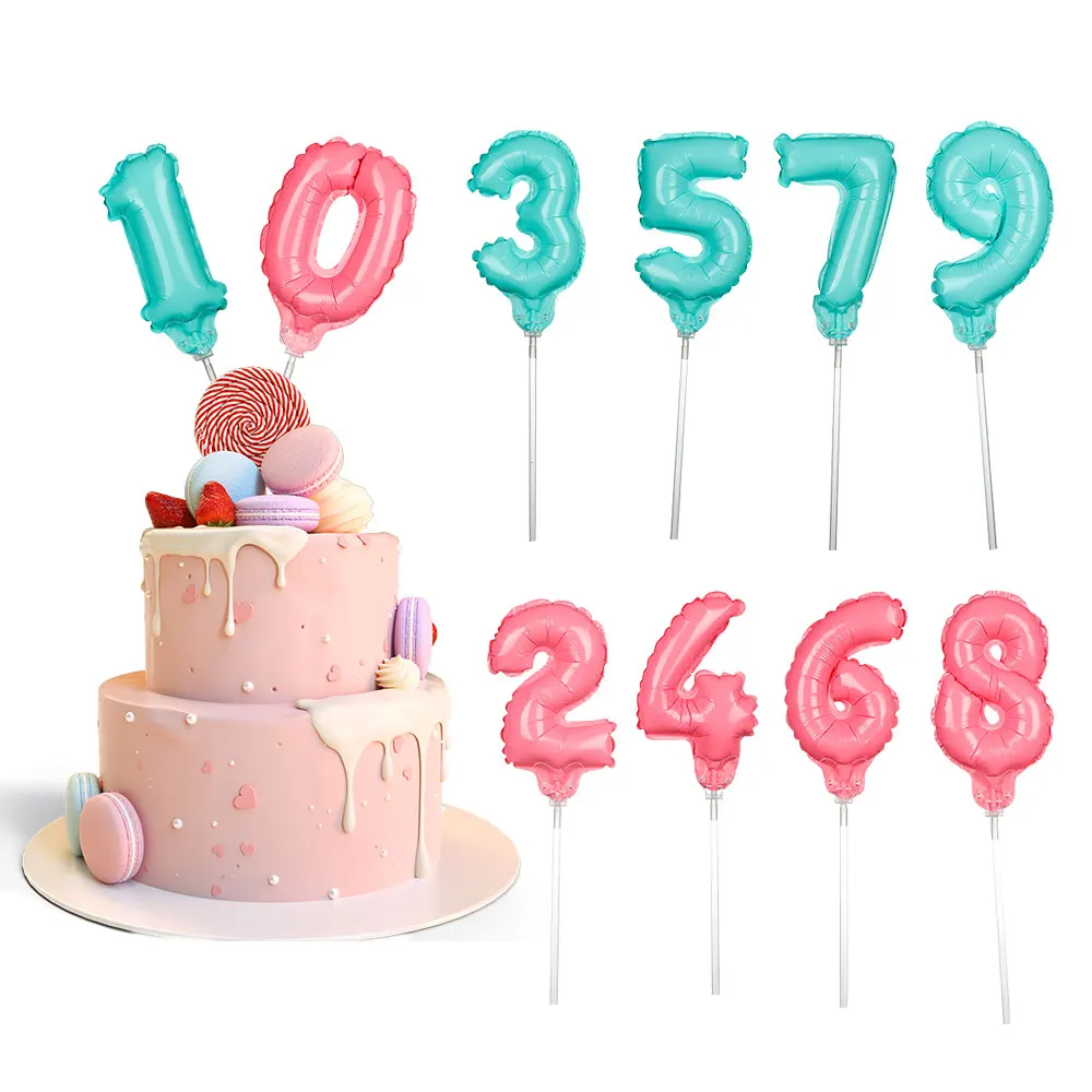 1pcs Self-inflating Mini Blue Pink Foil Number Ballon Cake Toppers With Plastic Stick Wedding Birthday Party Cake Decorations