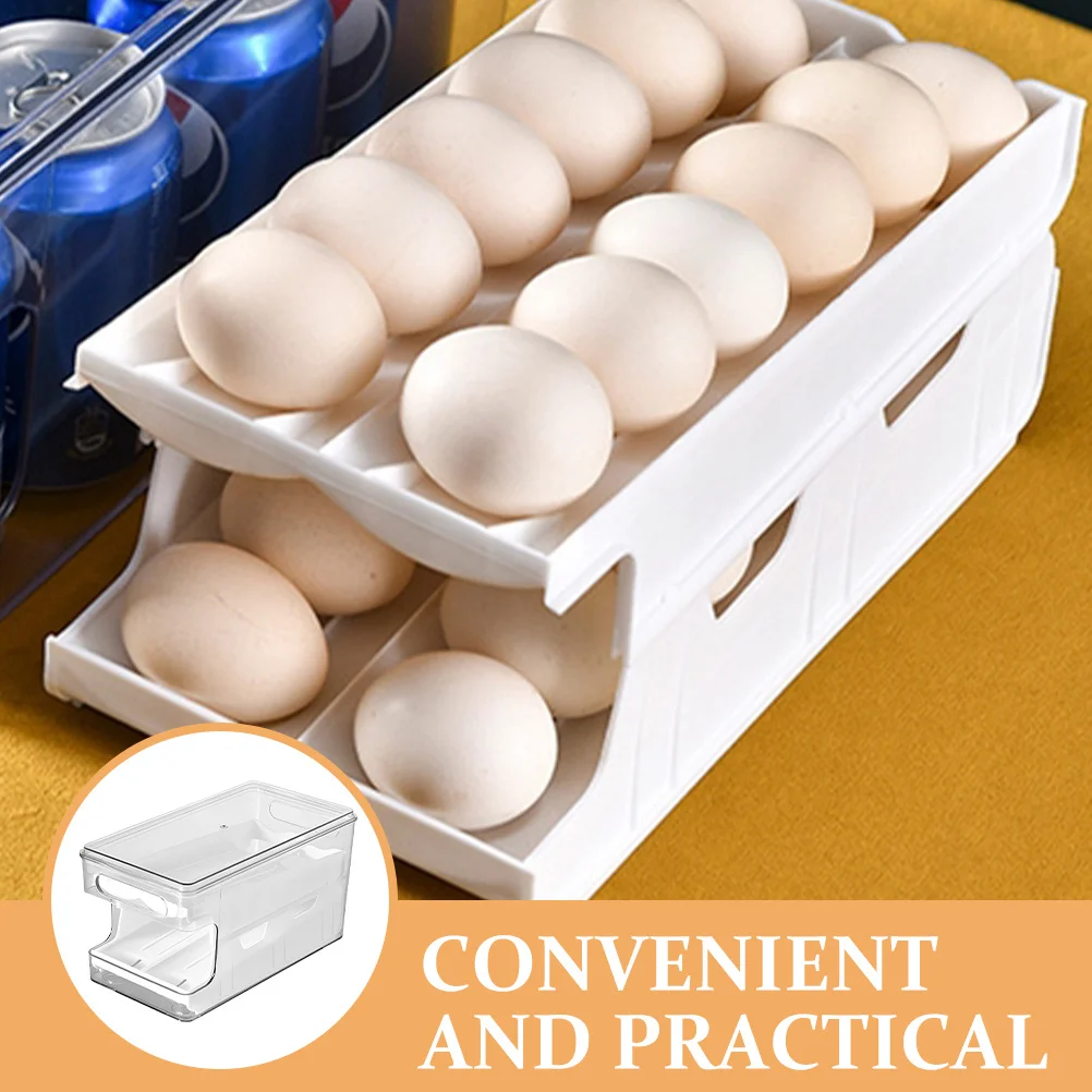 

Double Layer Stackable Egg Storage Box Reusable Kitchen Fridge Organizer Holder for Refrigerator with Slide Access Clear Pet PP