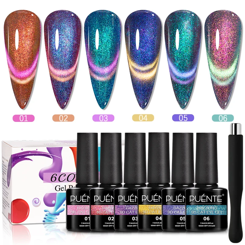 

PUENTE 6pcs/set Aurora Glitter 9D Cat Magnetic Gel Nail Polish With Magnet Soak Off UV Nail Art Varnish Kit For Manicure