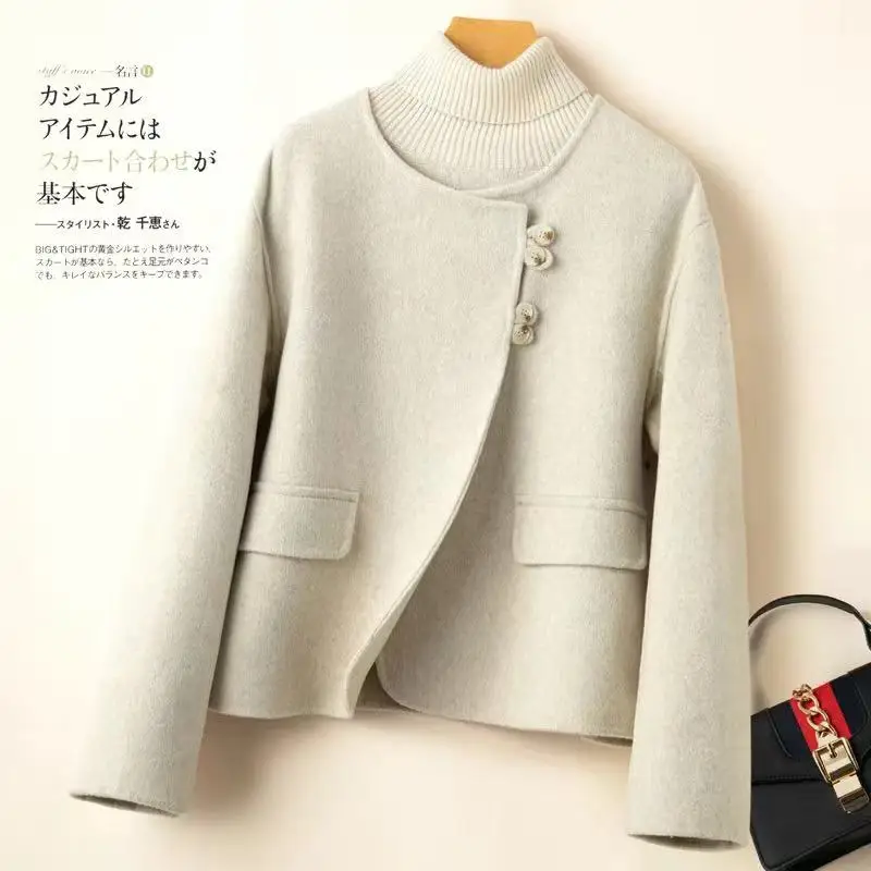 Autumn Winter New Korean Double-sided Wool Short Coat 100% Wool Women's Round Neck Cardigan Thick Warm Tops Solid Color Outwears