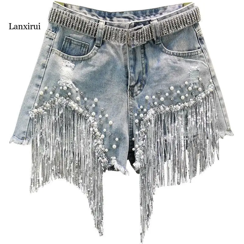 

Women Spring Summer New Elegant Shorts Lady Tassel Beading High Waist Wide Leg Denim Shorts Female Casual Solid Shorts