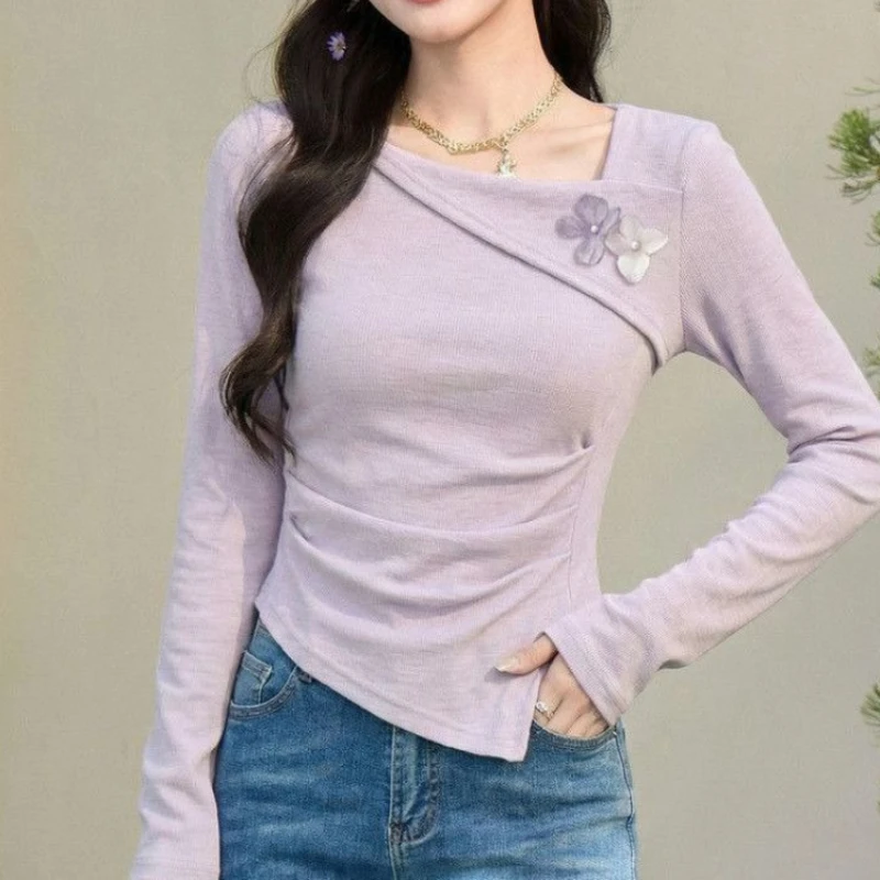 

2026 New Fashion Slim Fit Solid Color Long Sleeve Tshirt Women Minimalist Round Neck Top