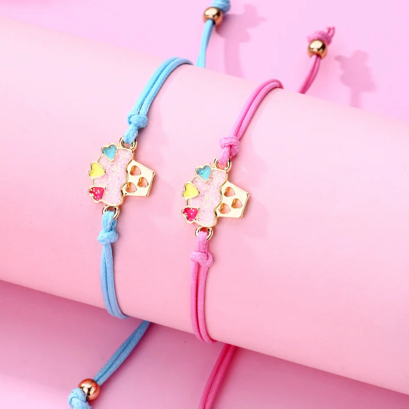 Luoluo&baby 2Pcs/Set Cartoon Ice Cream Cake Heart Best Friends Charms Bracelet Adjustable Chain Bracelets for Kids Jewelry