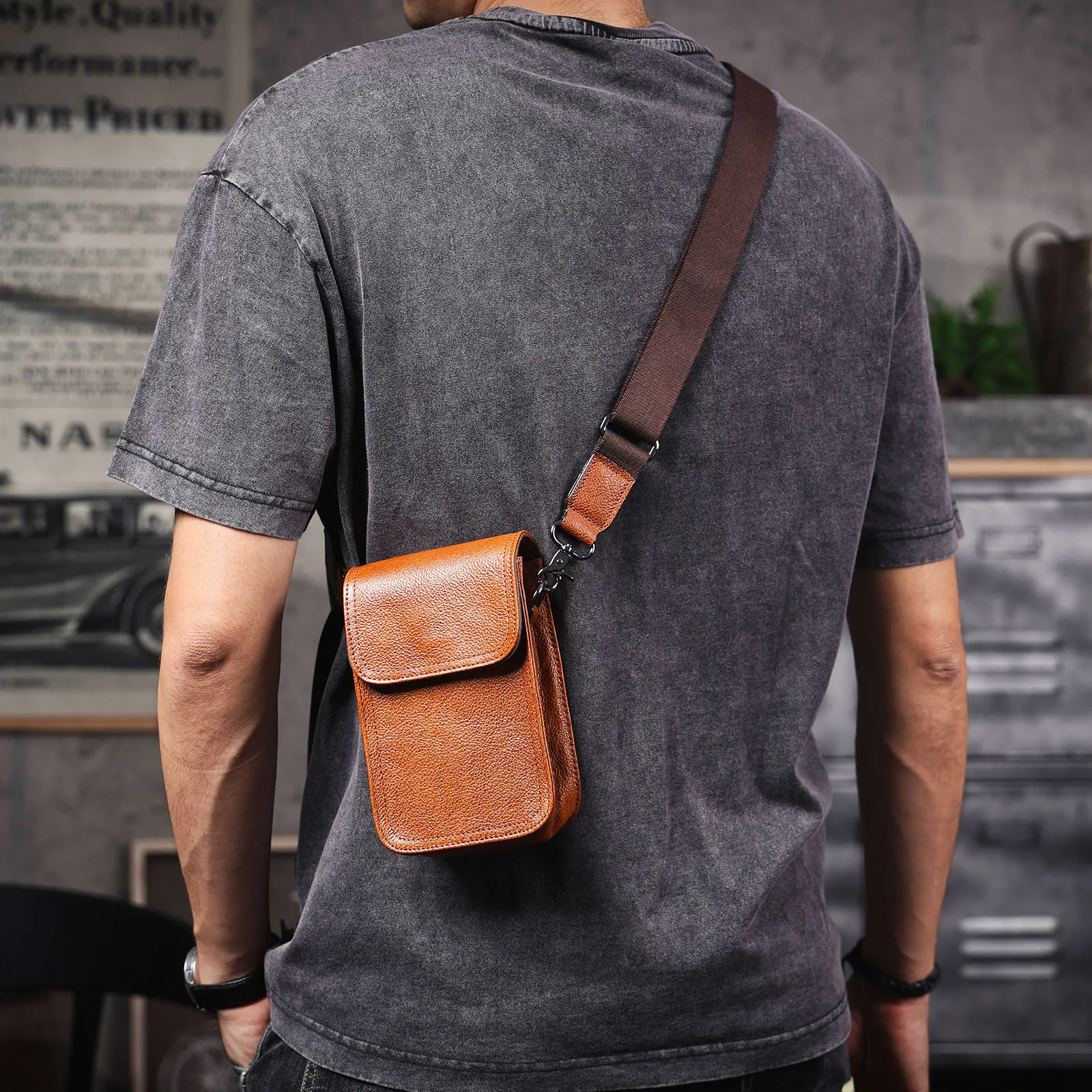 Echte Leder-Umhängetasche für Herren, Crossbody-Taschen, einfache Rindsleder-Gürteltasche, hochwertiges, pflanzlich gegerbtes Leder, modisch und lässig – Detail 4