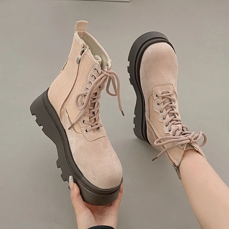 

Thick Soles Increase Pink Little Boots for Women Summer New Retro Biker Boots Short Boots dameslaarzen hoog riding boots