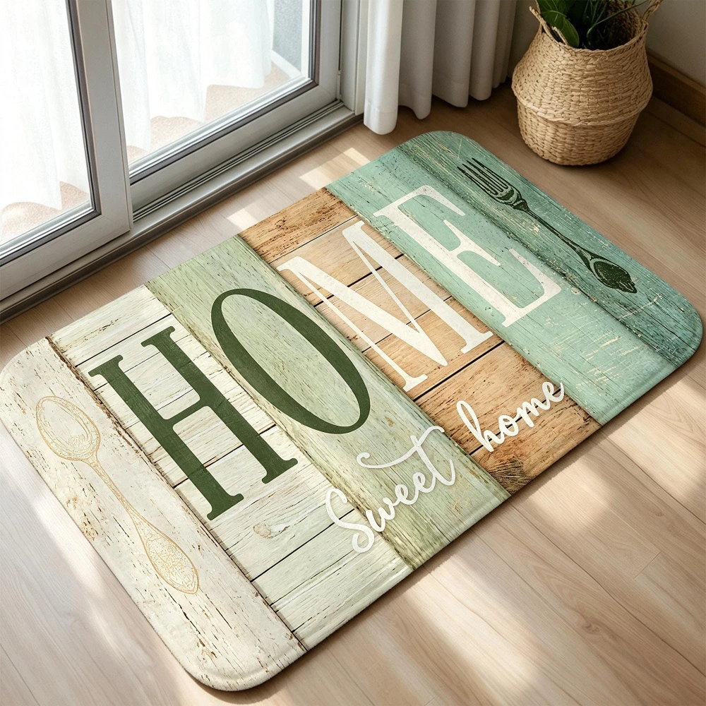 Rustic Wooden Board Doormat Sweet Home Lettering Welcome Rug Spoon Fork Pattern Area Rug Floor Mat Kitchen Porch Foyer Pad