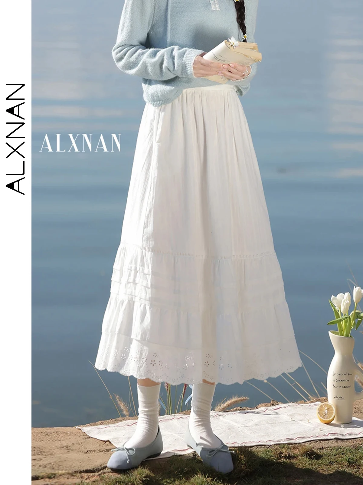 ALXNAN 100% Cotton Embroidered Hollow-out Women Midi Skirt Elegant Long Travel Beach Female Skirts 2026 Spring New Skirt L52990