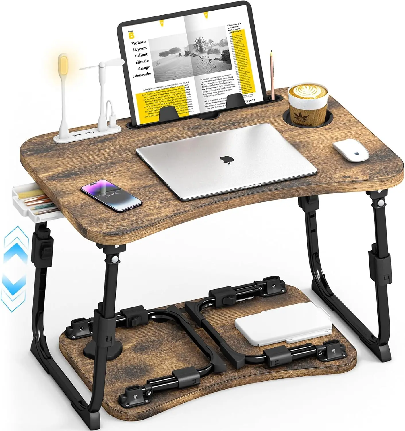 

Lap Desk for Bed Adjustable Height, Foldable Bed Table with Storage Drawer, Tablet Slot & Cup Holder, Portable Laptop Stand f