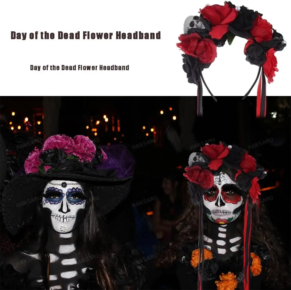 Opaska z meksykańskimi kwiatami Dzień Zmarłych Róża Kwiatowa Korona Nakrycie Głowy dla Kobiet Dziewcząt Kostium na Halloween Ślub Cosplay (Czarno-Czerwona)