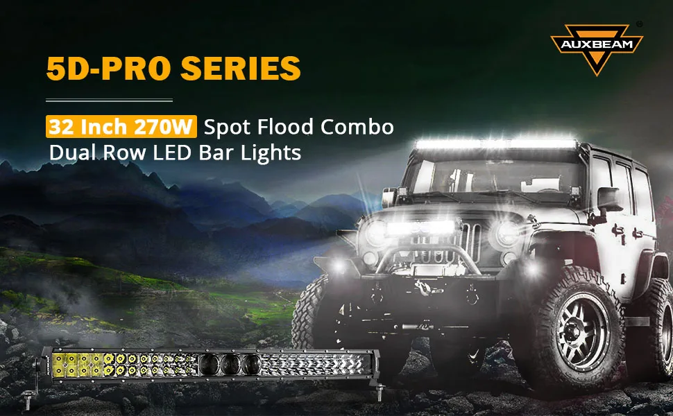 AUXBEAM 12-32 inch LED Work Light Bar with Wire Harness Kit 270W 33000lm High Brightness for SUV ATV UTV Trucks 5D-PRO Series