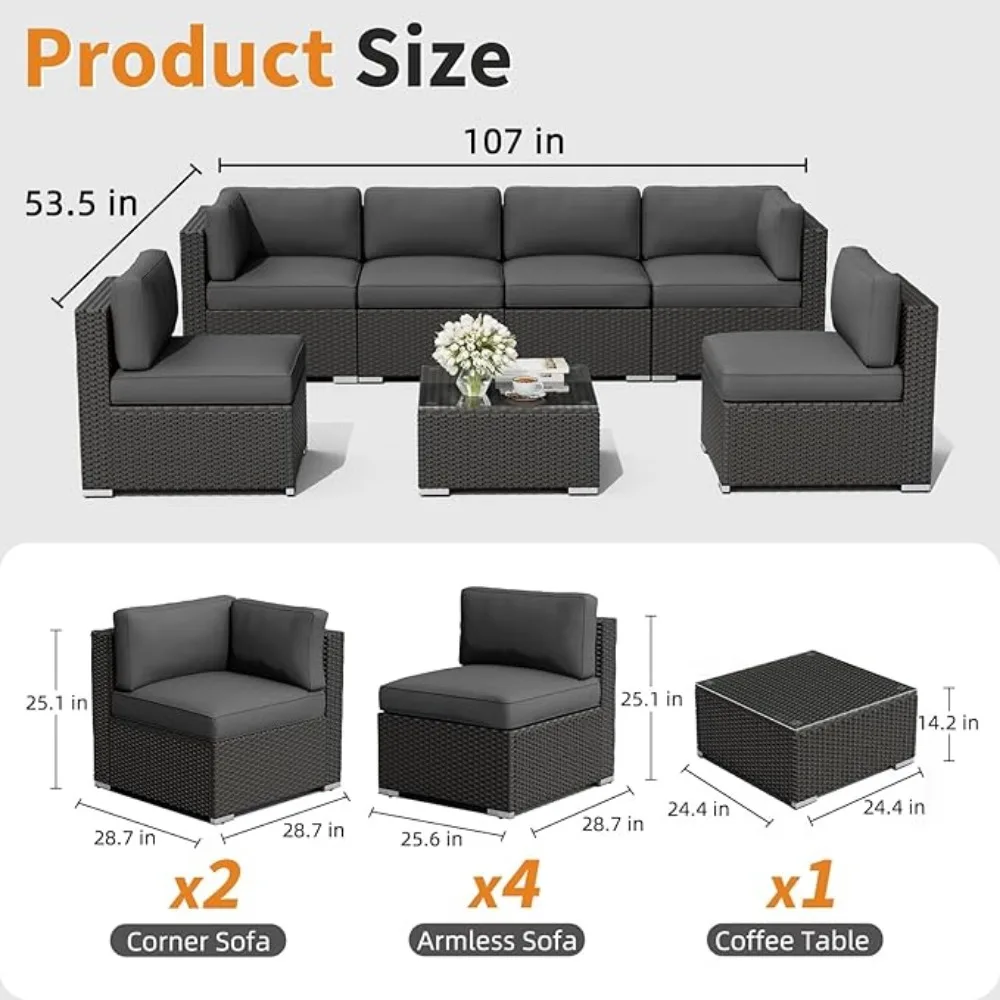 7-Piece Outdoor Patio Furniture Sofa Set Black Rattan with Glass Top Table and Cushions Wicker Sectional Conversation Sets