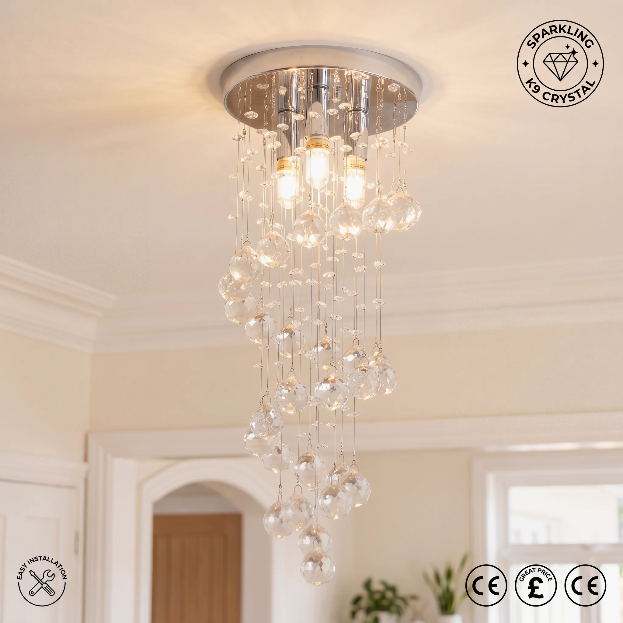 Modern Rain Drop K9 Crystal Chandelier Chrome Ceiling Pendant Light Fixture for Kitchen Island Stairway Hallway Home Decor