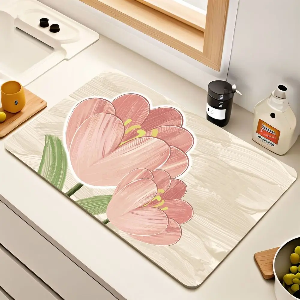 Placemat Super Absorbent Dish Drying Mat Diatomaceous Non-slip Draining Mat Quick Dry Tulip Printed Drain Pad Kitchen