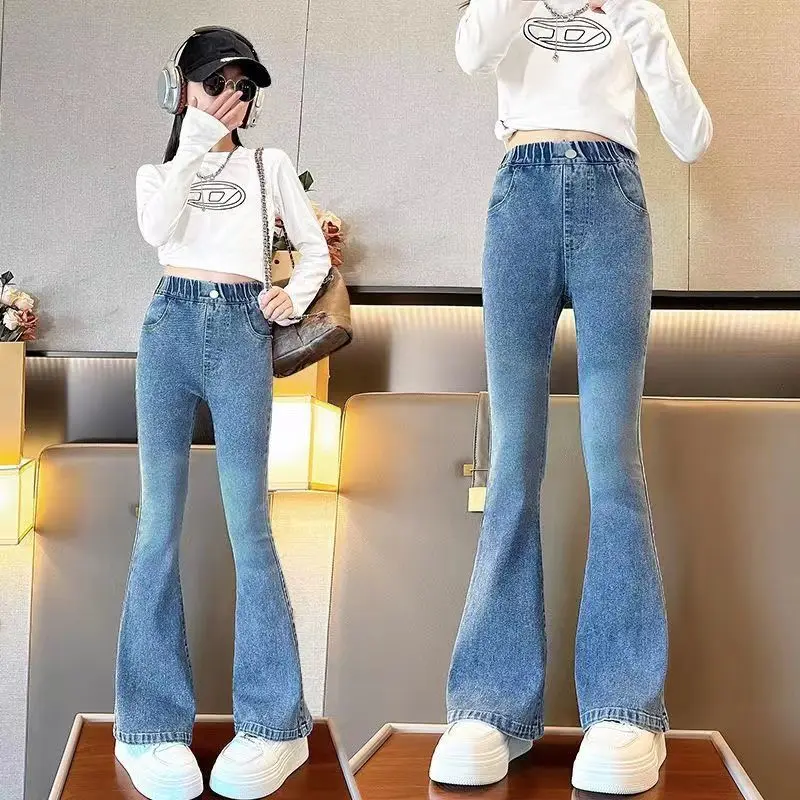 أطفال كلاسيكي خمر الأزرق متوهج الجينز للمراهقين فتاة موضة Bootcut الدنيم السراويل التوأم الطفل عادية التمهيد قطع الجينز بنطلون #1