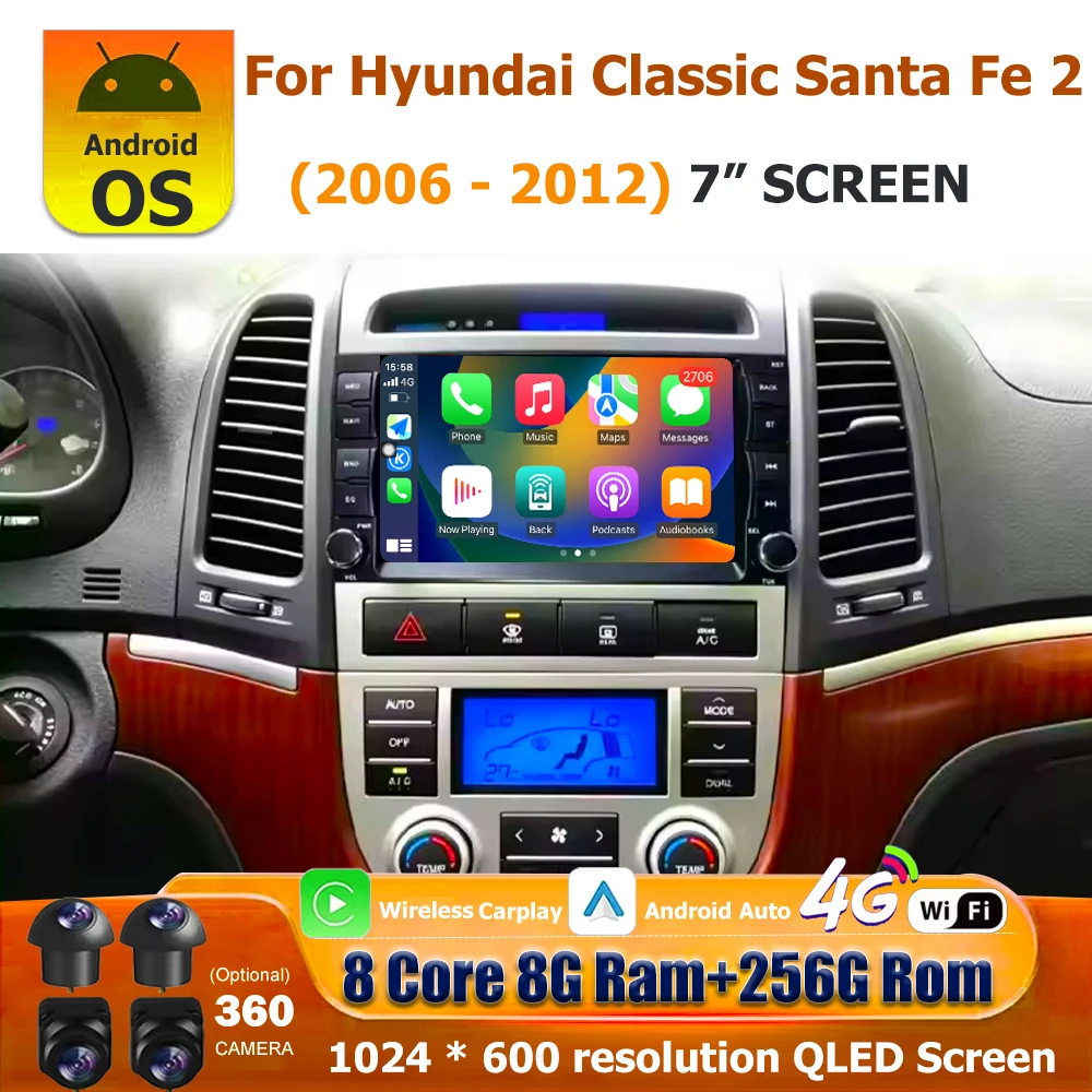 7'' Android 16 Auto CarPlay For Hyundai Classic Santa Fe 2 2006-2012 Car Radio Multimedia Player GPS Navigation Stereo 4G WIFI