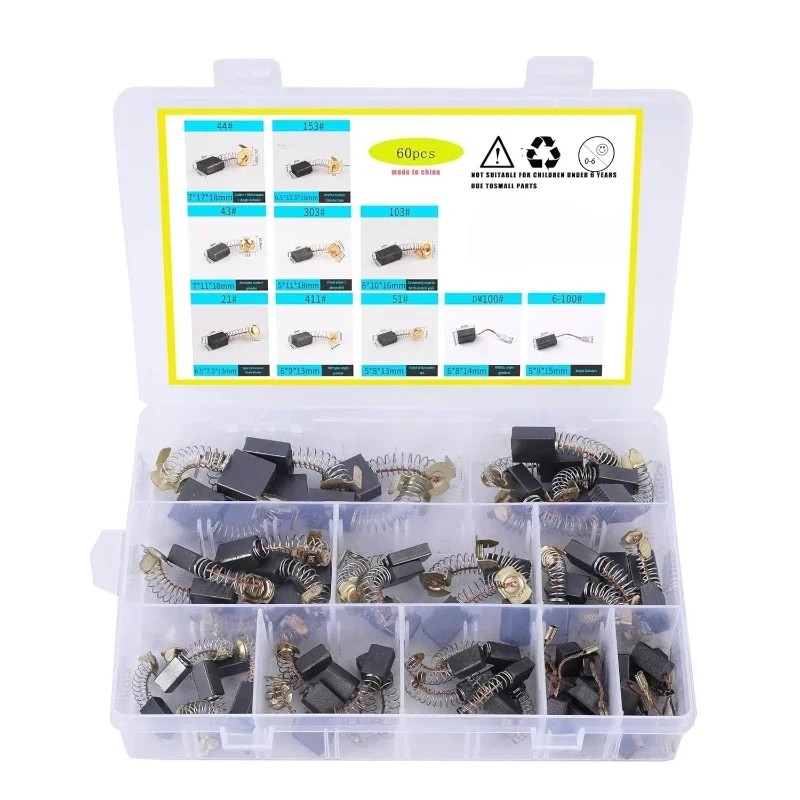 60Pcs 10 Sizes Electric Motor Carbon Brushes Replacement For Power Tool Hammer Drills Circular Saws Replacement Carbon Brush