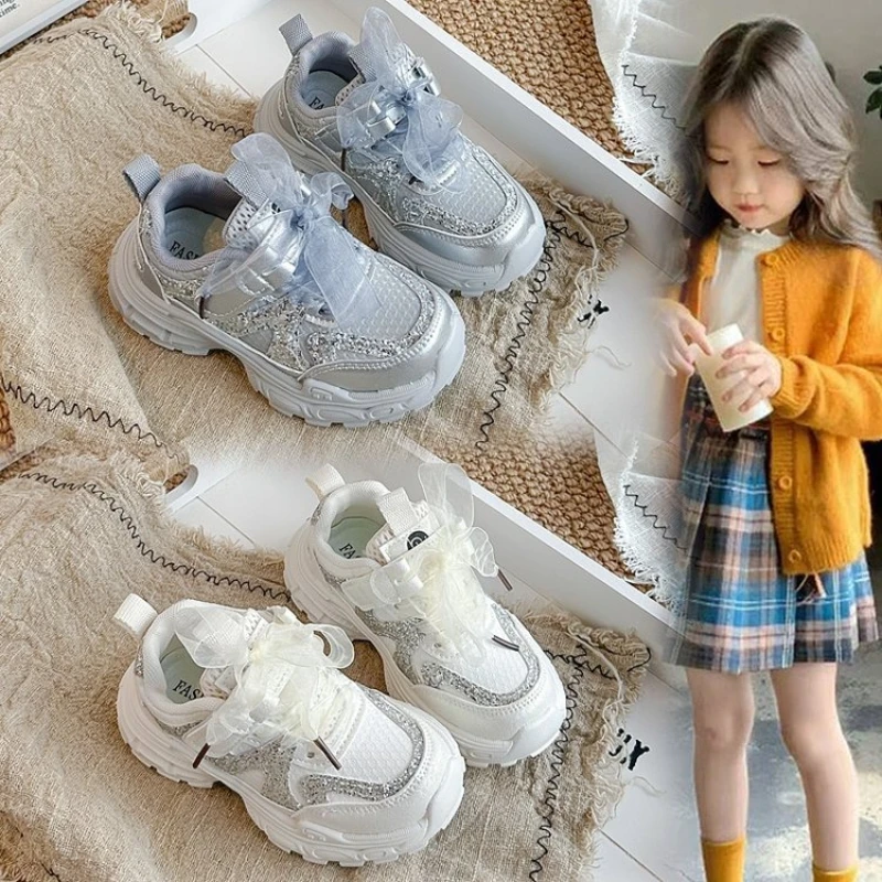 

Sweet Children Sequins Sports Shoes Lace Bowknot Girls School Basketball Shoes Breathable Non-slip Kids Chunky Running Sneakers