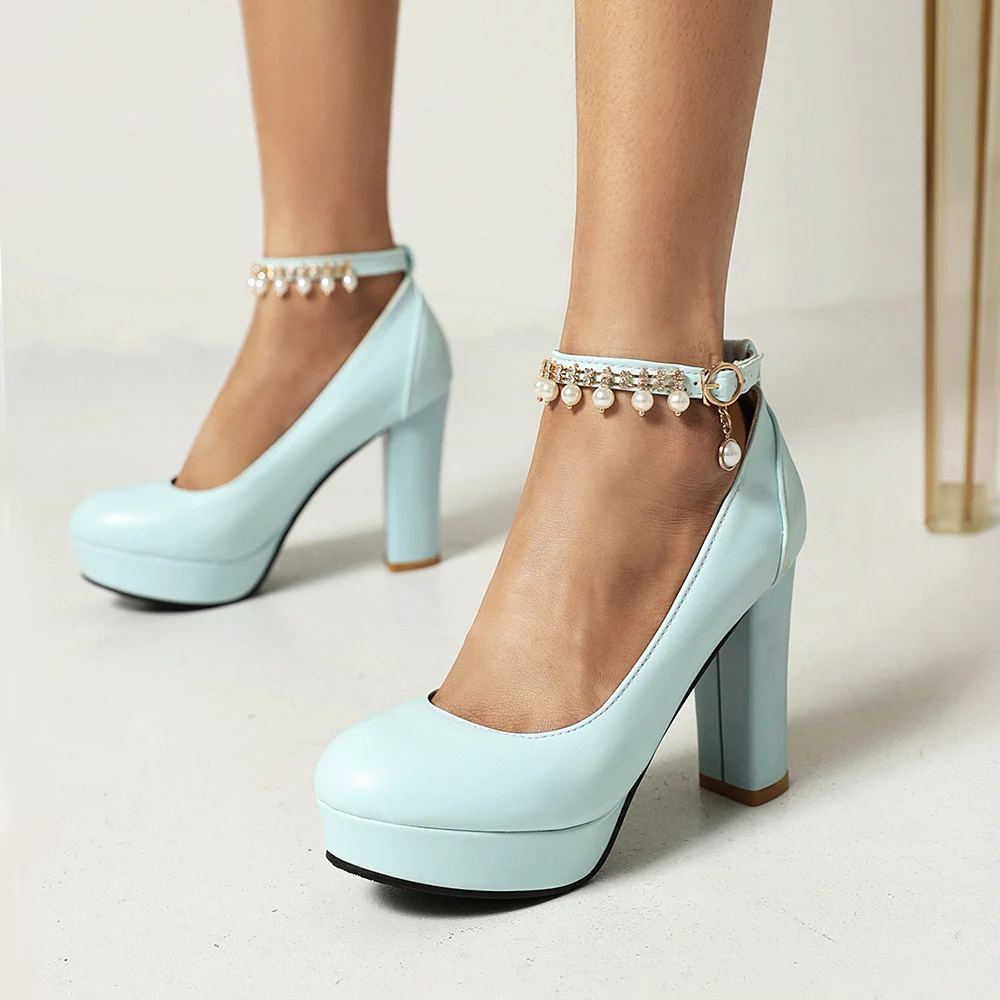 Square High Heels Women Platform Pumps Spring Autumn Beaded Strap Buckle Round Toe Dress Wedding Shoes Purple White Black Blue