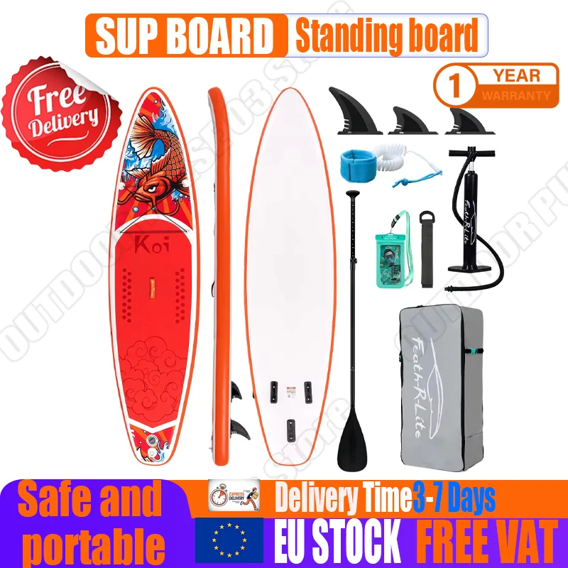 Planche de paddle gonflable FeathRLite SUP 335x83x15cm SUPFR01D, design Koi Dragon, planche de surf SUP avec pagaie, pompe, sac à dos, 3 ailerons, sangle de sécurité, sac étanche, pont antidérapant en EVA pour adultes, débutants, yoga, pêche, plage