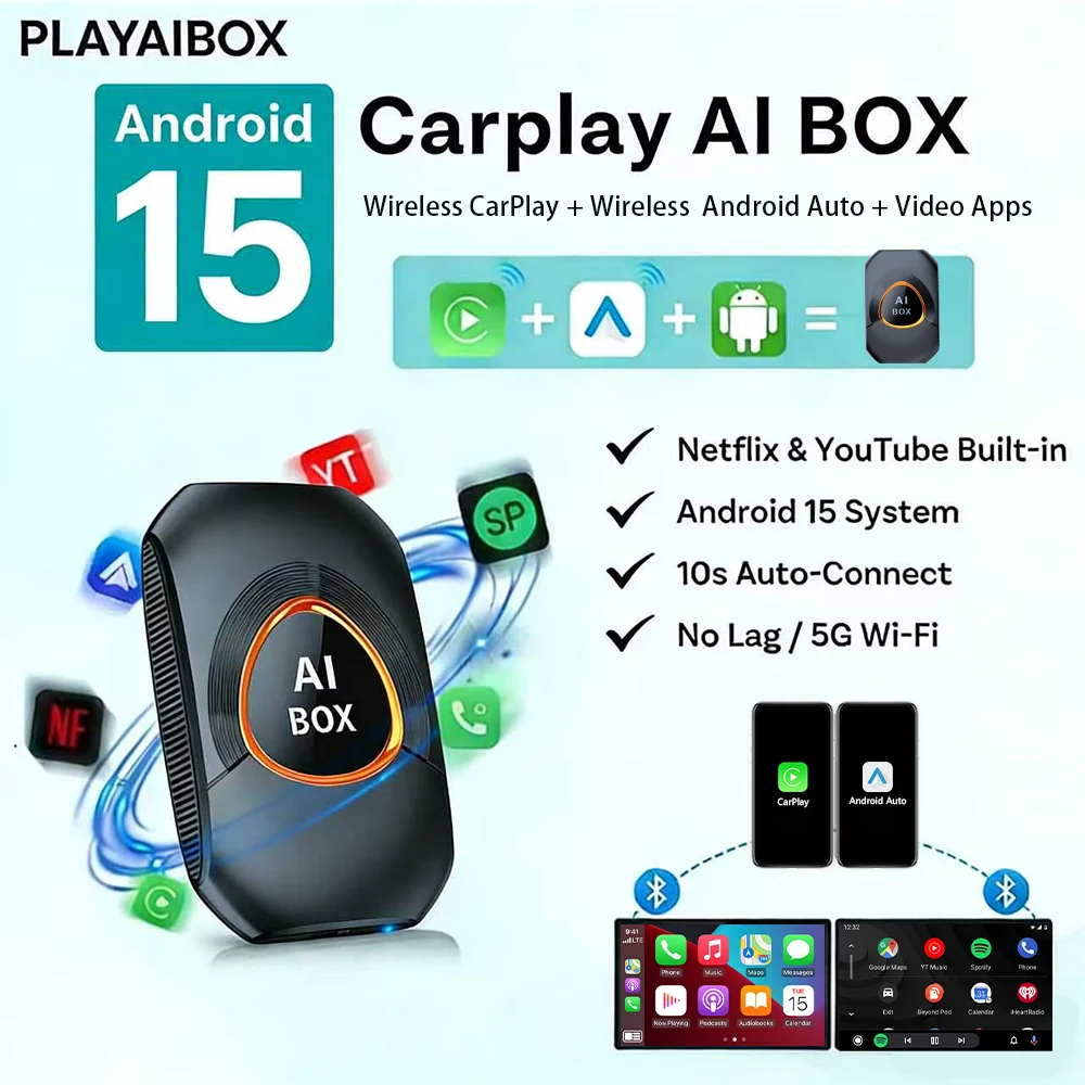 

Беспроводной адаптер Android 15 Carplay/Android Auto для Netflix, YouTube, умная AI-приставка для автомобилей Chevrolet, Citroen, Audi, Haval, GMC, Ford