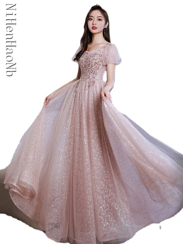 Dress Summer New Stitching Sequin Quinceanera Dresses Short Sleeve Slim Long A-line Temperament Women Evening Dress