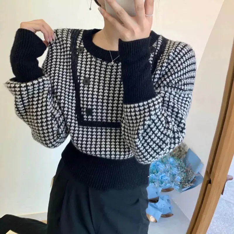 Zoki Houndstooth Vintage Sweaters Women Long Sleeve Casual Patchwork Knitted Jumpers Korean Loose O Neck Retro Buttons Pullovers