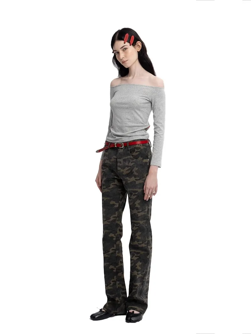 

Ilna Camouflage Waed Outdated Rivet Long Casual Pants Floor-Length Slimming Trousers for Women l Waist Zipper Fly