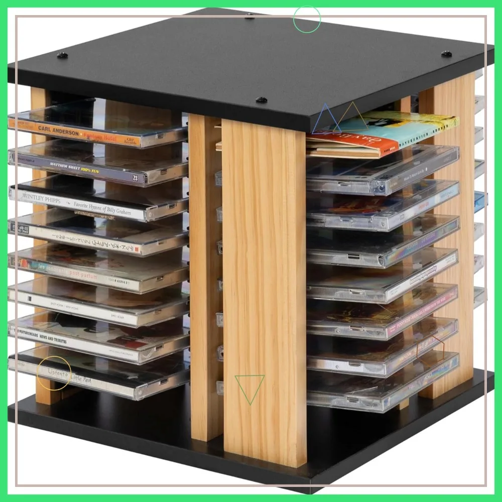 

Solid Wood Rotating CD Storage Rack, Holds 68 Cases for Home Office Theatre in Black