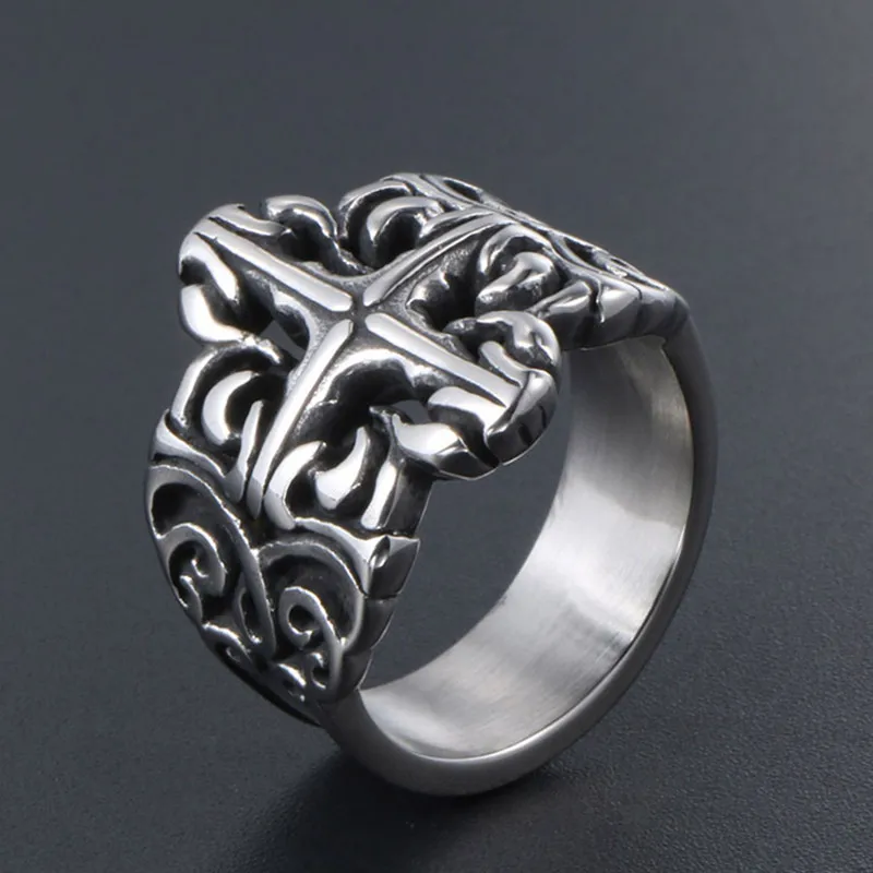 Vintage Cross Patterns Carving Titanium Stainless Steel Rings for Men Masculine Cool Finger Bands Trendy Accessories Zizes 6-10